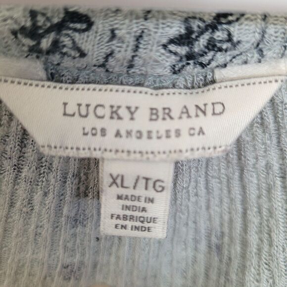 LUCKY BRAND Floral Shirt XL Blue Purple Gray Linen Blend Long Sleeve V-Neck Boho - Picture 2 of 8